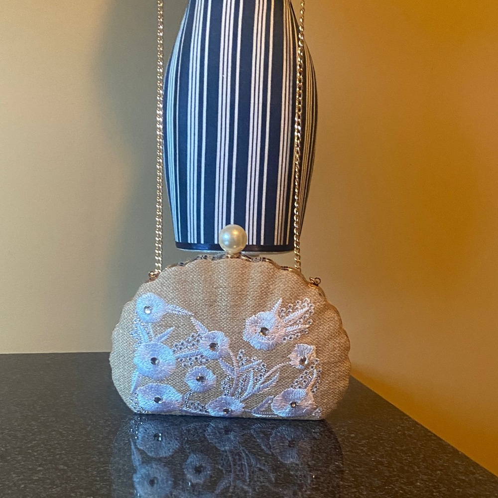 Haute Hippie Tan Crossbody/Clutch Bag with White Floral Embroidery